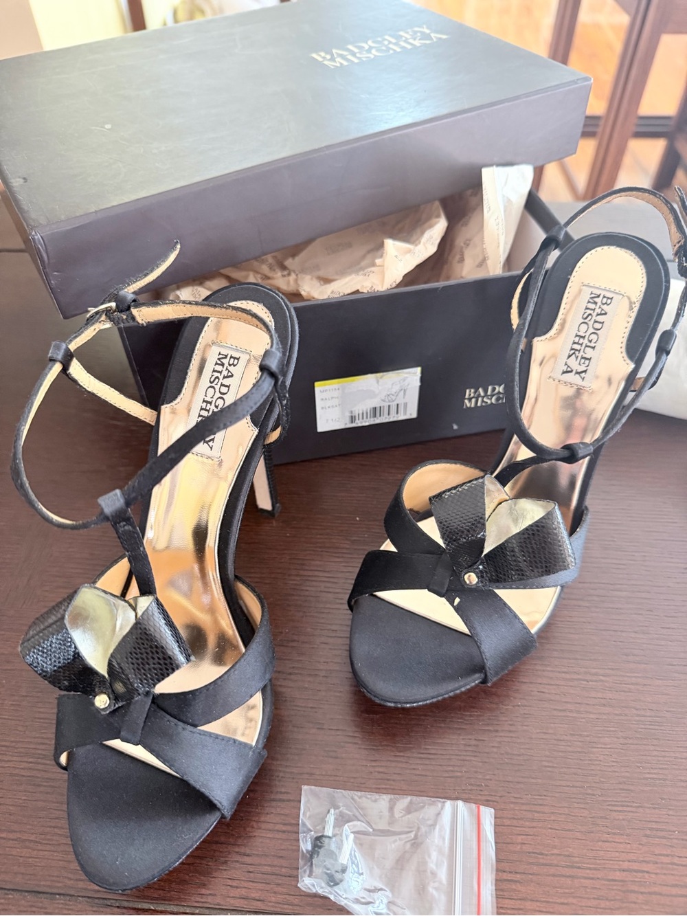 Badgley Mischka Black Satin Bow Ankle-Strap Heels
